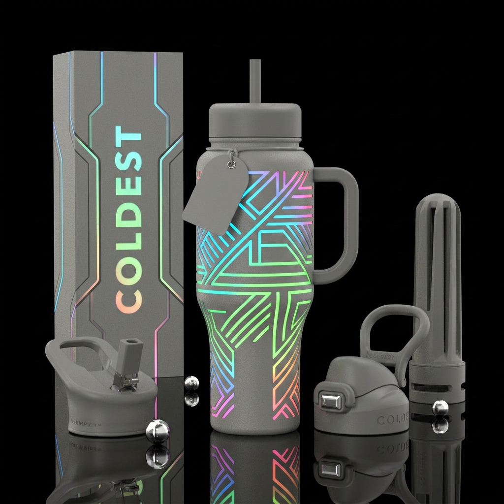 Stone grey, clean lines, shapes, hints of neon col... water bottle design