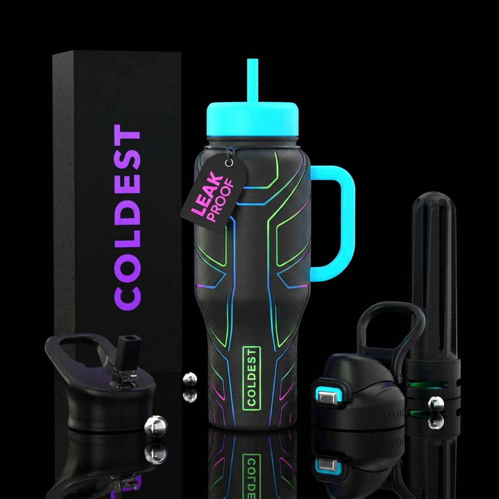 Black bottle, clean lines, shapes, hints of neon c... water bottle design