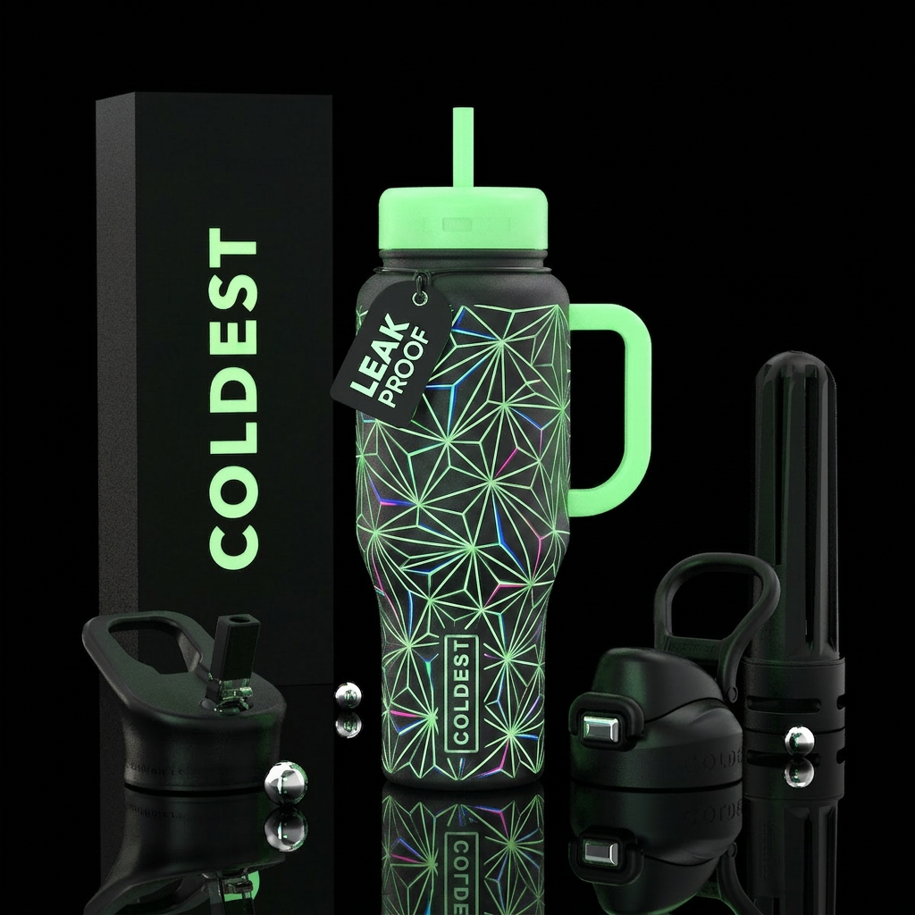 Black bottle, clean lines, shapes, hints of neon c... water bottle design