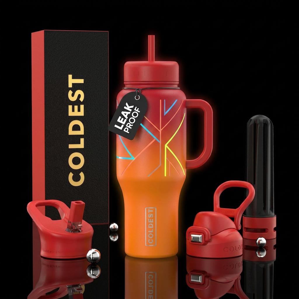 Orange and red ombre bottle, clean lines, shapes, ... water bottle design