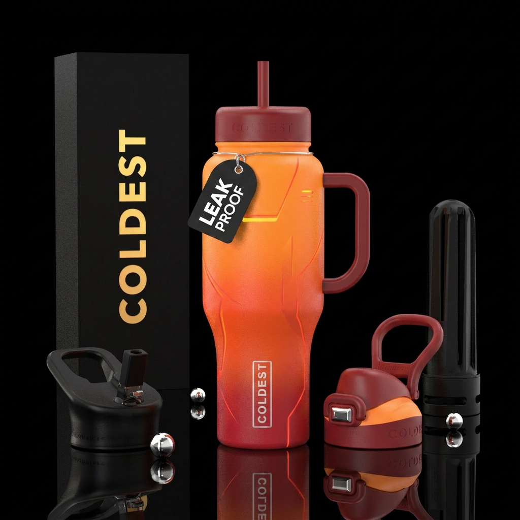 Orange and red ombre bottle, clean lines, shapes, ... water bottle design