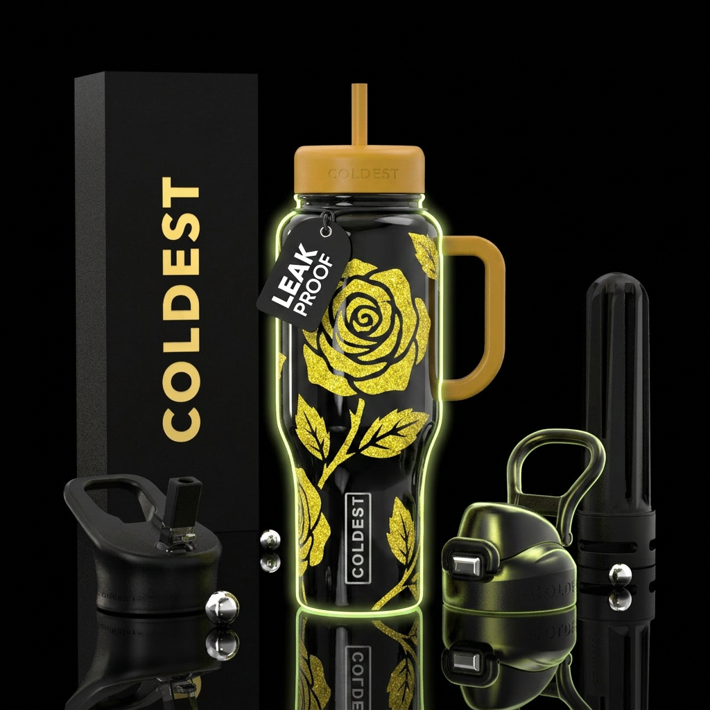 Yellow glitter rose,  black shiny bottle with an o... water bottle design