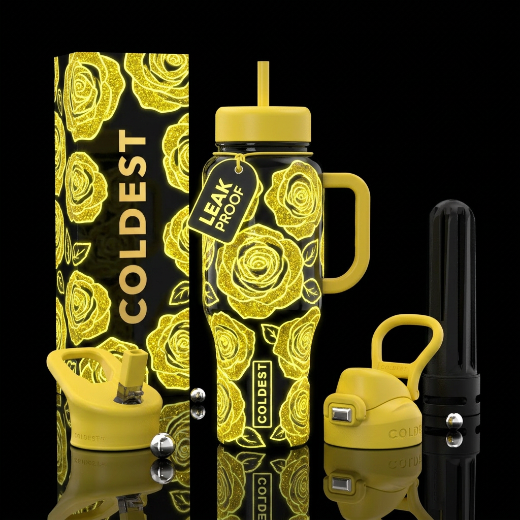 Yellow glitter rose,  black shiny bottle with an o... water bottle design
