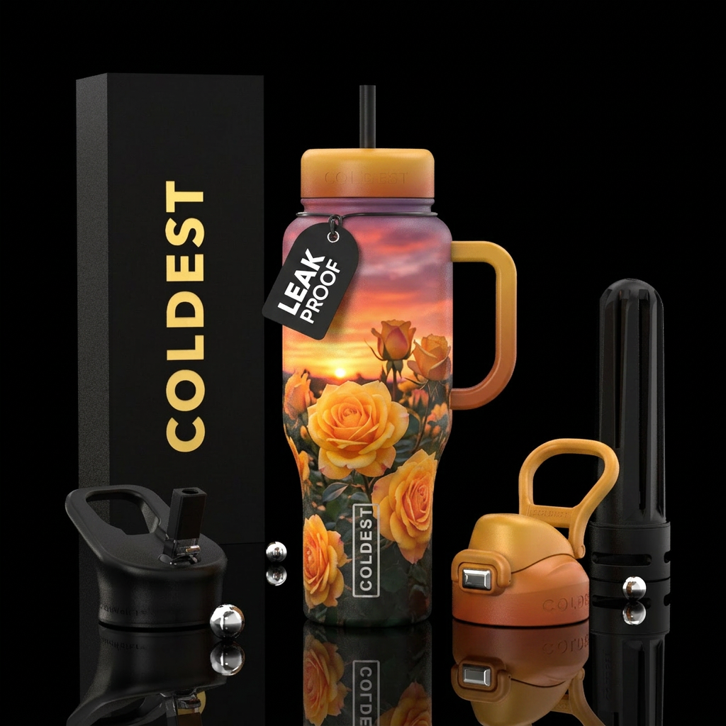 Realistic yellow roses with sunset in background b... water bottle design