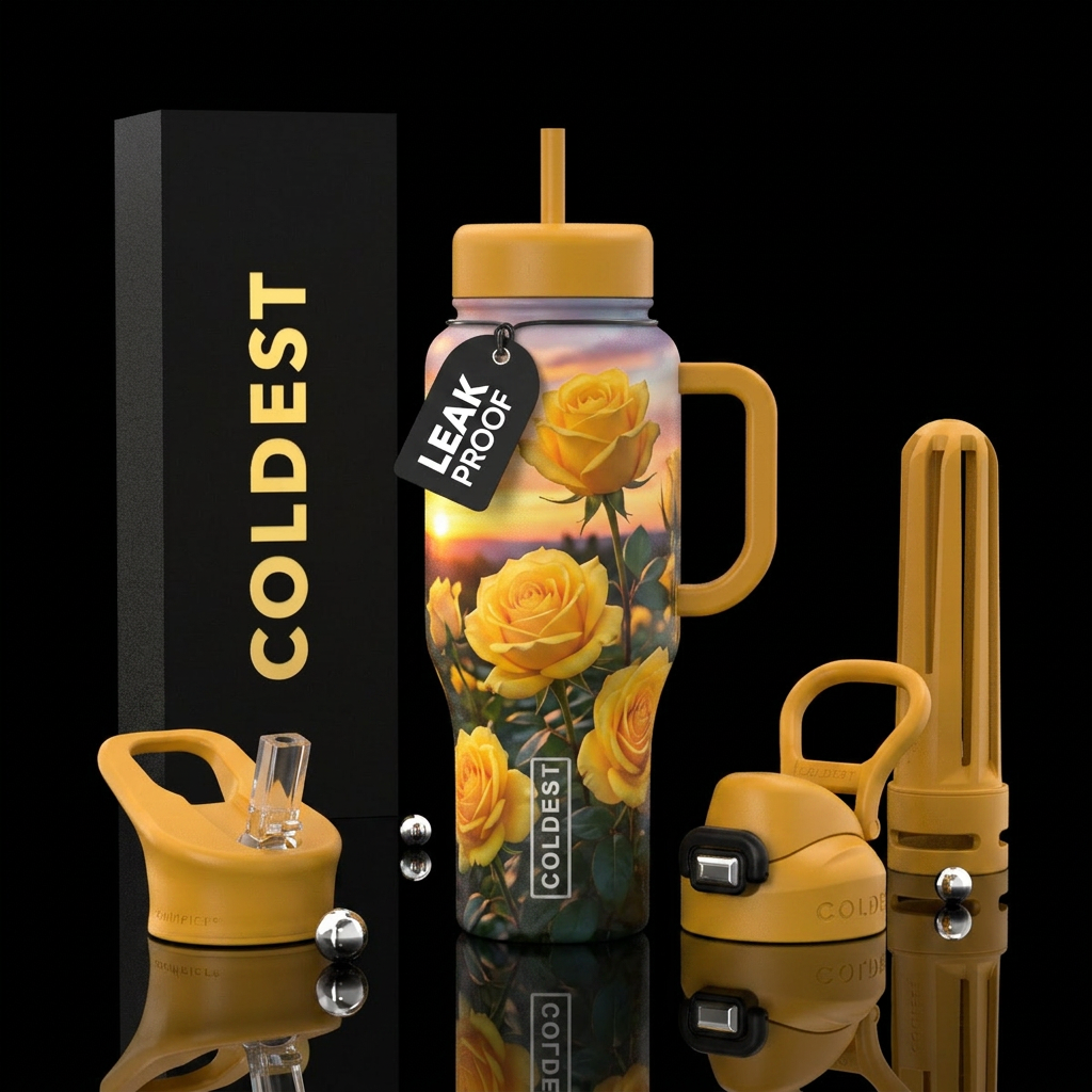 Realistic yellow roses with sunset in background b... water bottle design