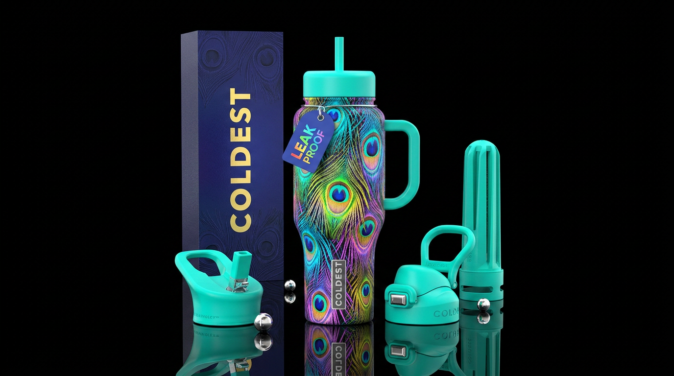 Peacock feathers colorful bright neon colors water bottle design