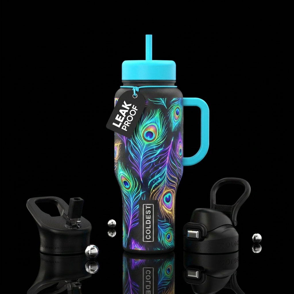 Peacock feathers colorful bright neon colors water bottle design