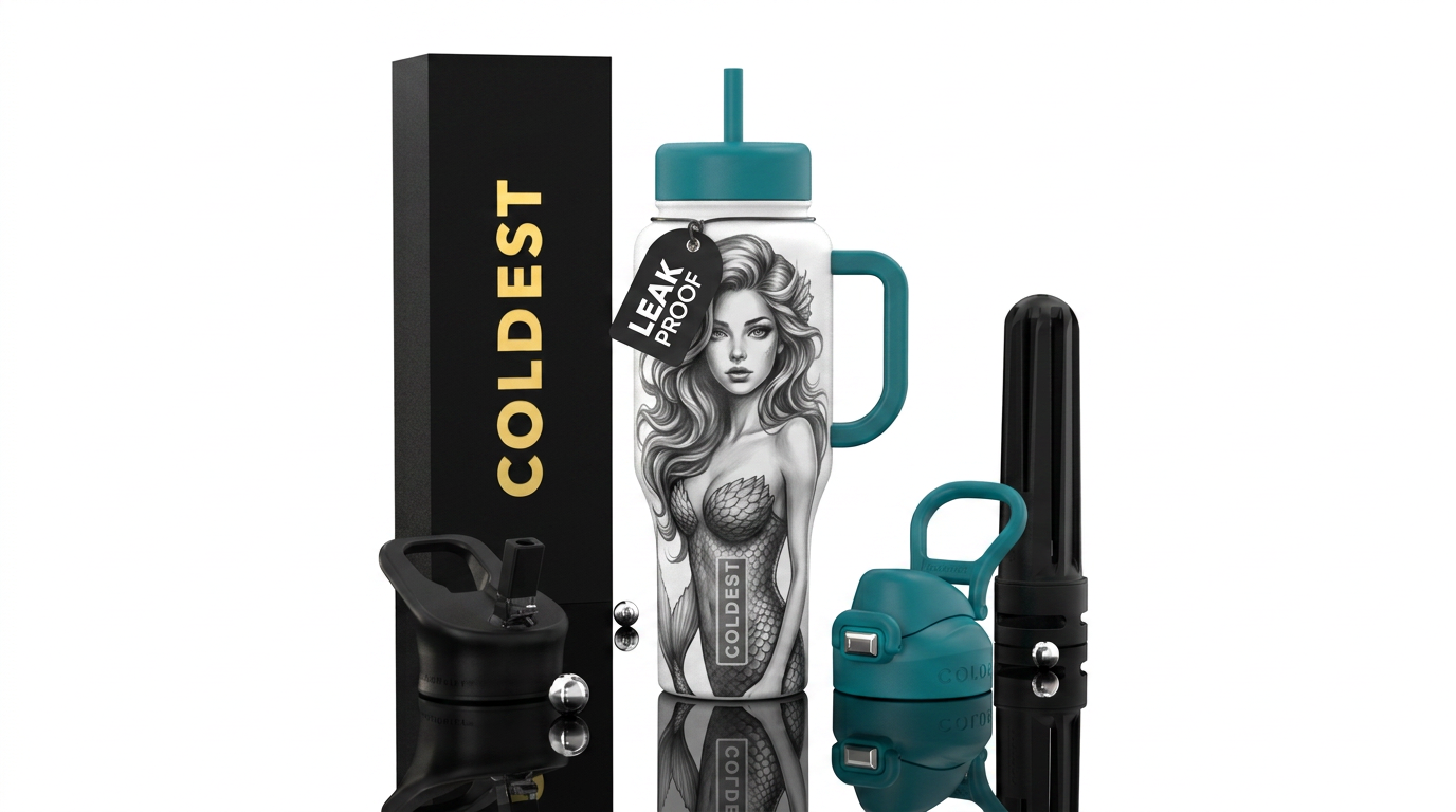 Black and white mermaid portrait with shading. Bea... water bottle design