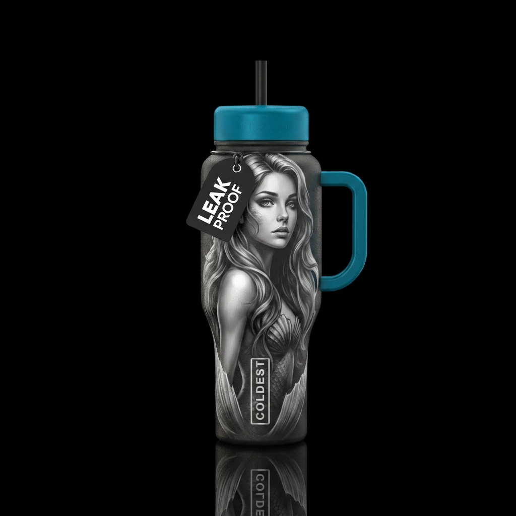 Black and white mermaid portrait with shading. Bea... water bottle design