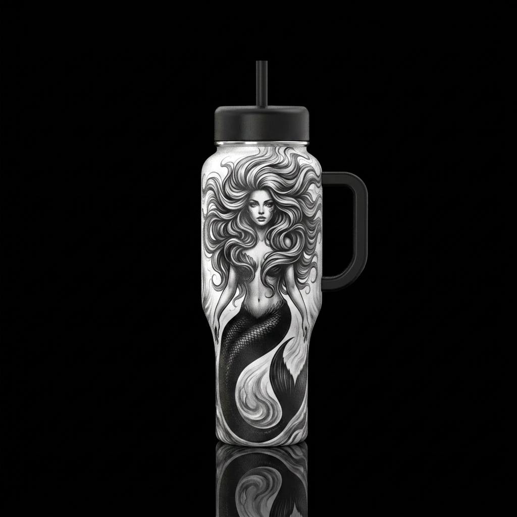 Black and white mermaid portrait big full hair. Sh... water bottle design