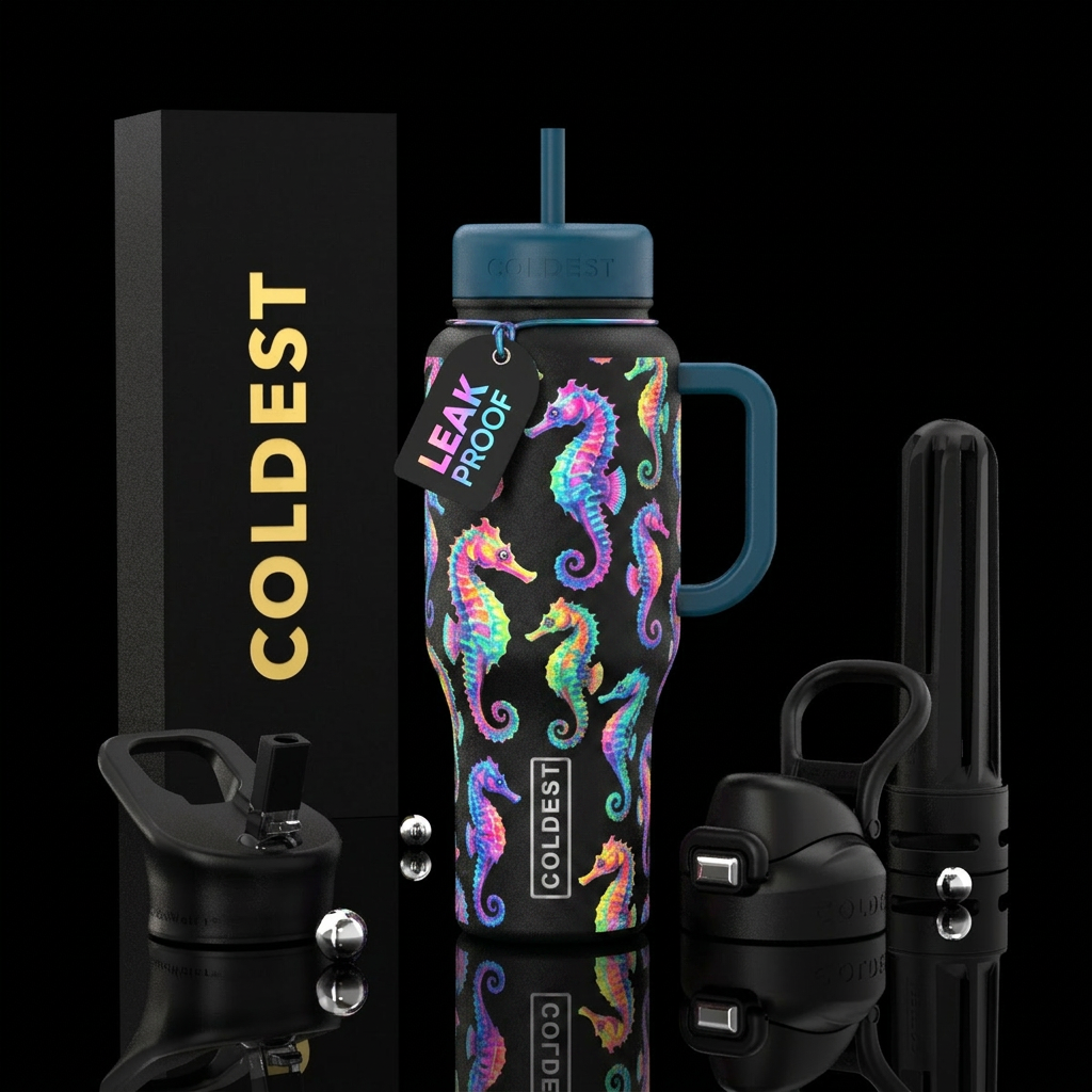 Fluorescent realistic colorful seahorse different ... water bottle design