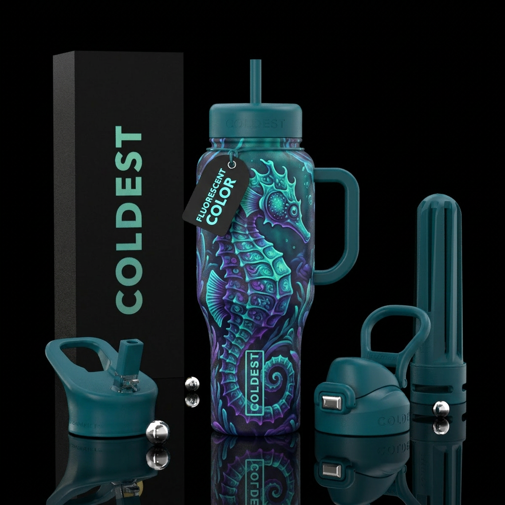Fluorescent realistic colorful seahorse different ... water bottle design