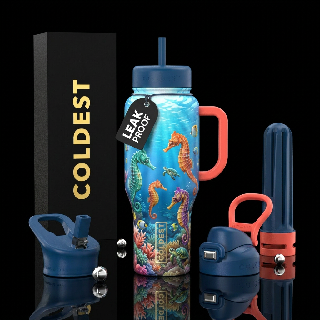 Realistic seahorses each a different color in the ... water bottle design