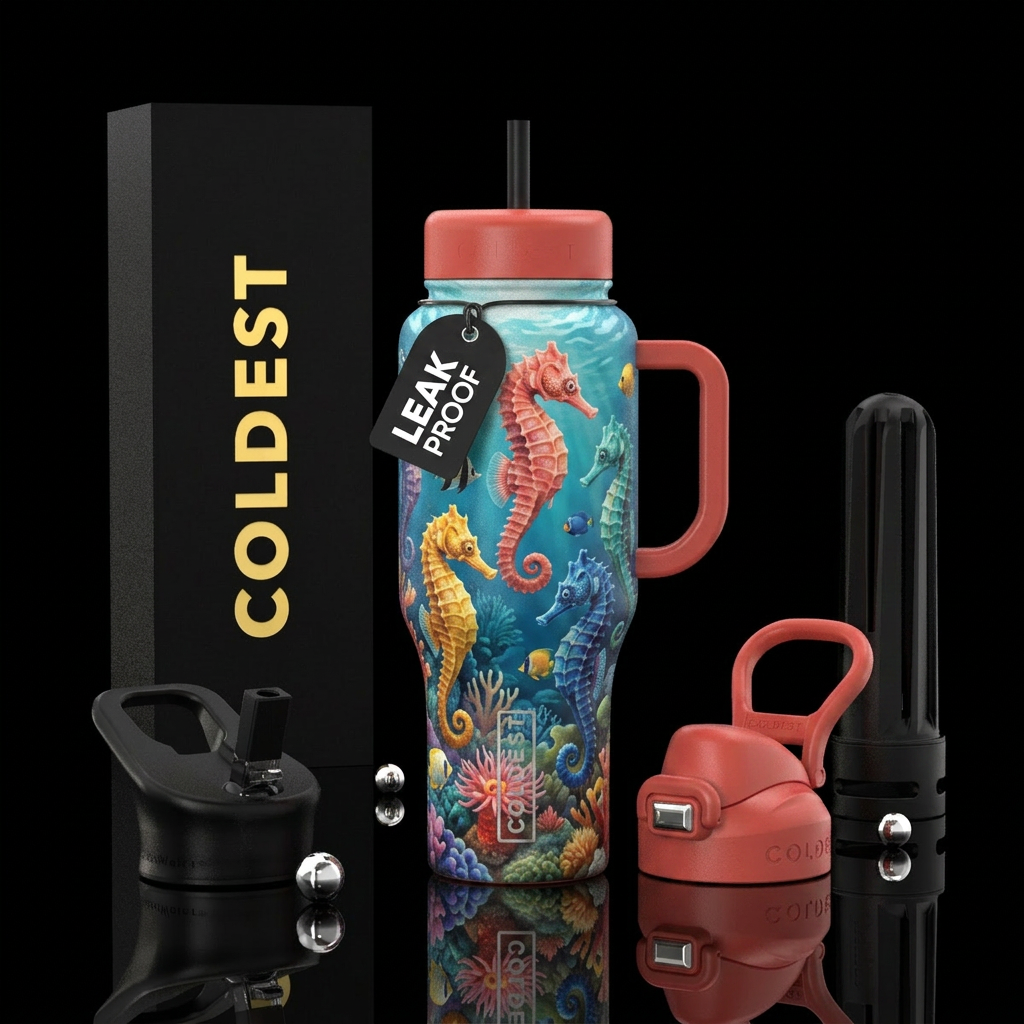 Realistic seahorses each a different color in the ... water bottle design