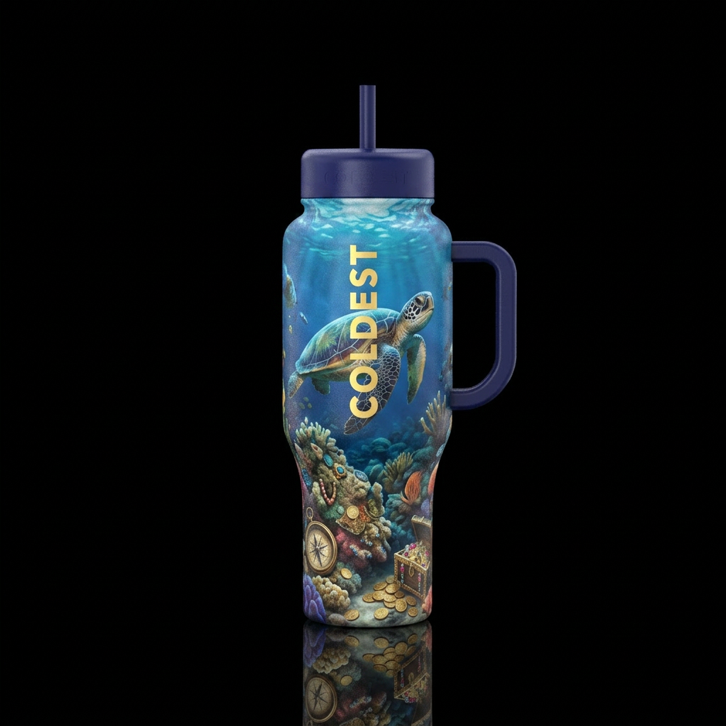 Beautiful sea turtle in ocean with trinkets and tr... water bottle design