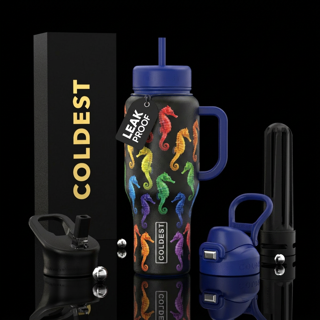 Realistic seahorses each a different color of the ... water bottle design