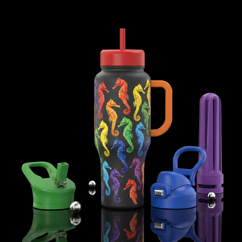 Realistic seahorses each a different color of the ... water bottle design