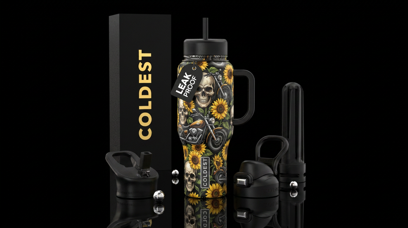 Sunflower and skull motorcycle theme water bottle design