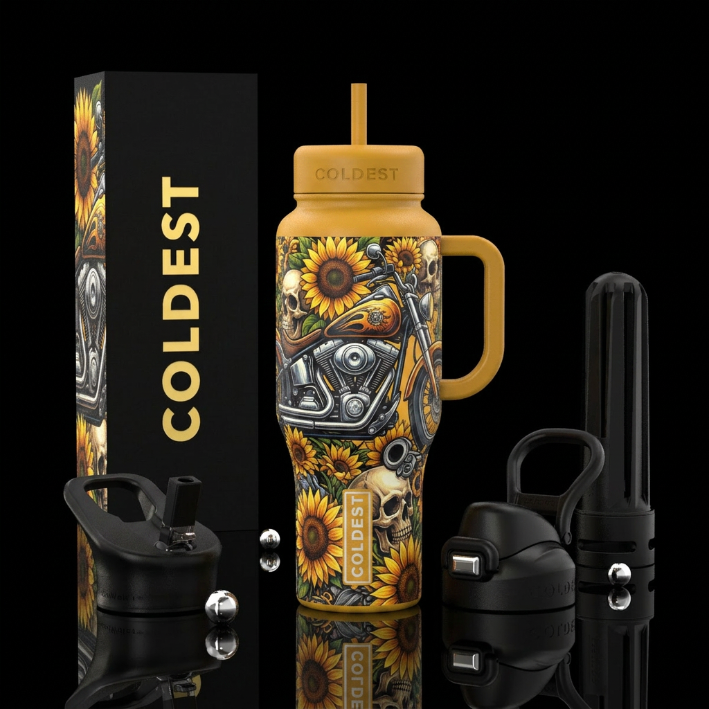 Sunflower and skull motorcycle theme water bottle design