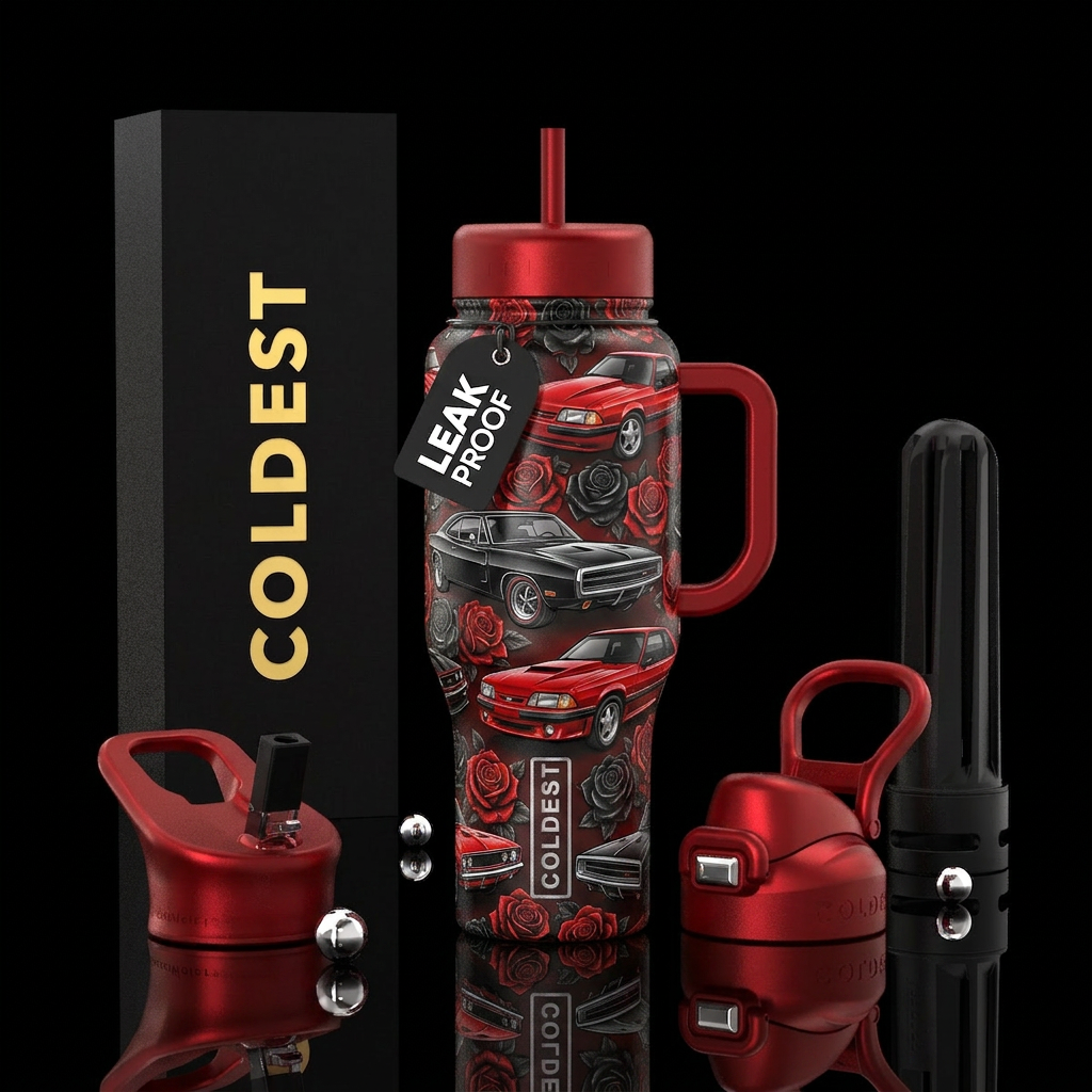 Red and black roses vintage muscle car water bottle design