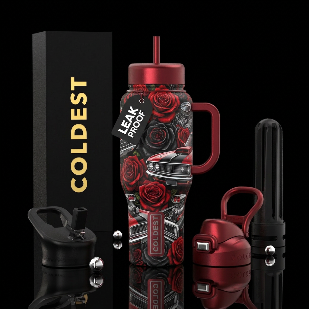 Red and black roses vintage muscle car water bottle design
