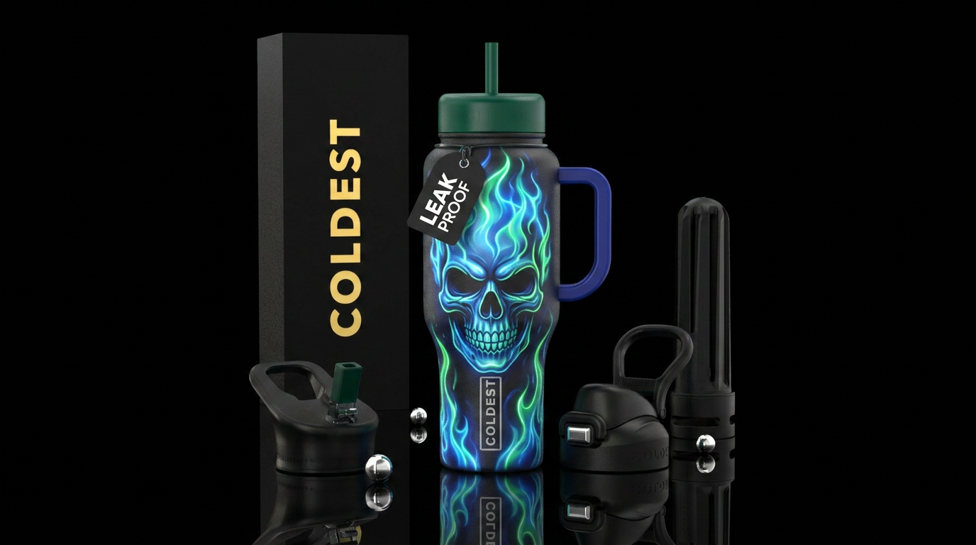 Skull with blue and green neon flames water bottle design
