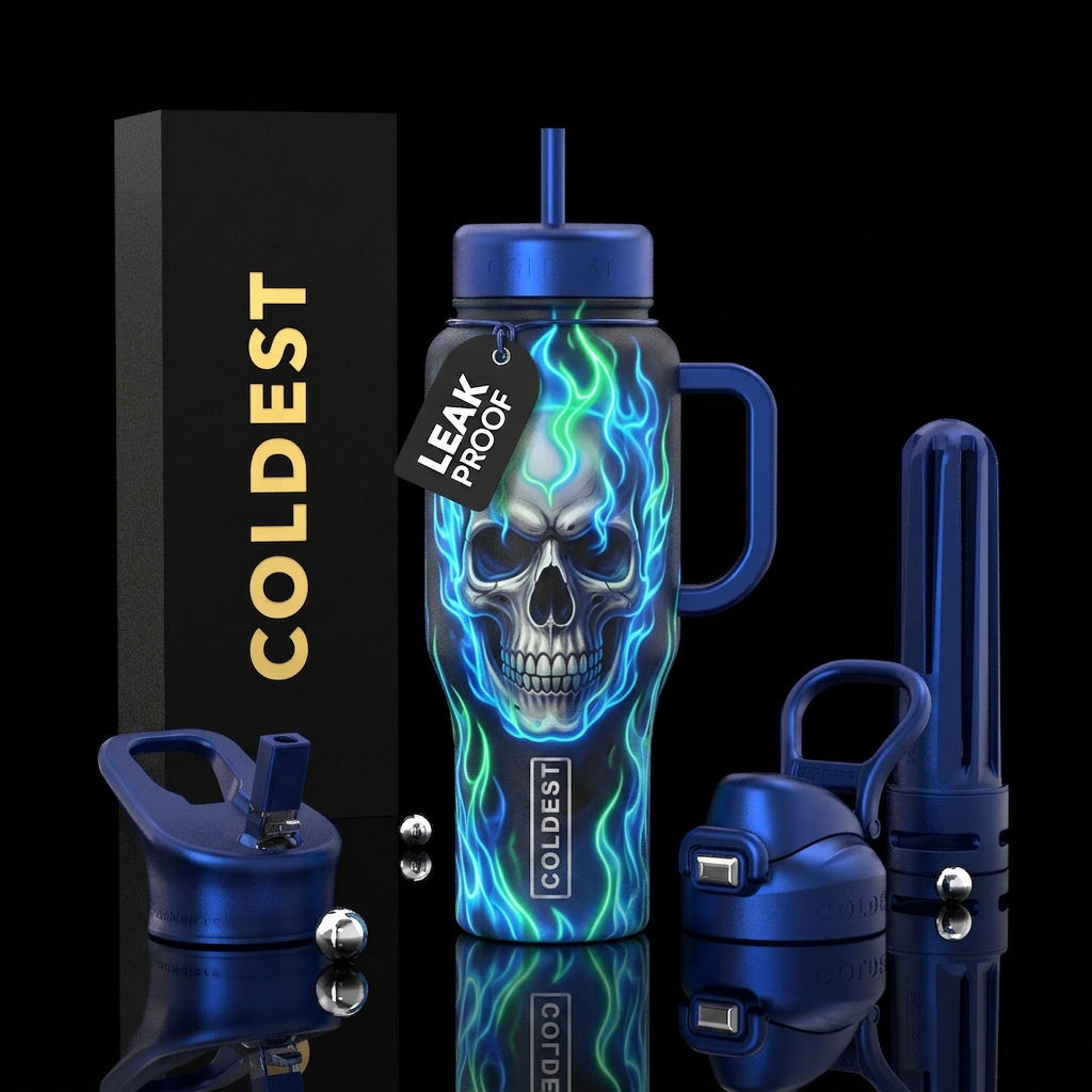 Skull with blue and green neon flames water bottle design