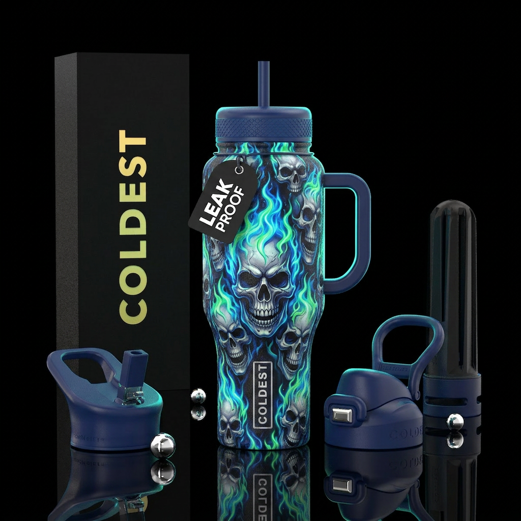 Skull with blue and green neon flames water bottle design