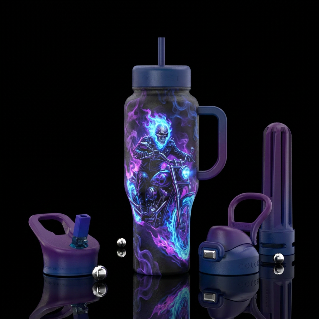 Ghost rider skeleton man riding motorcycle with bl... water bottle design
