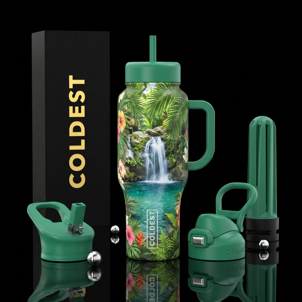 Beautiful waterfall going into pond. Tropical sett... water bottle design