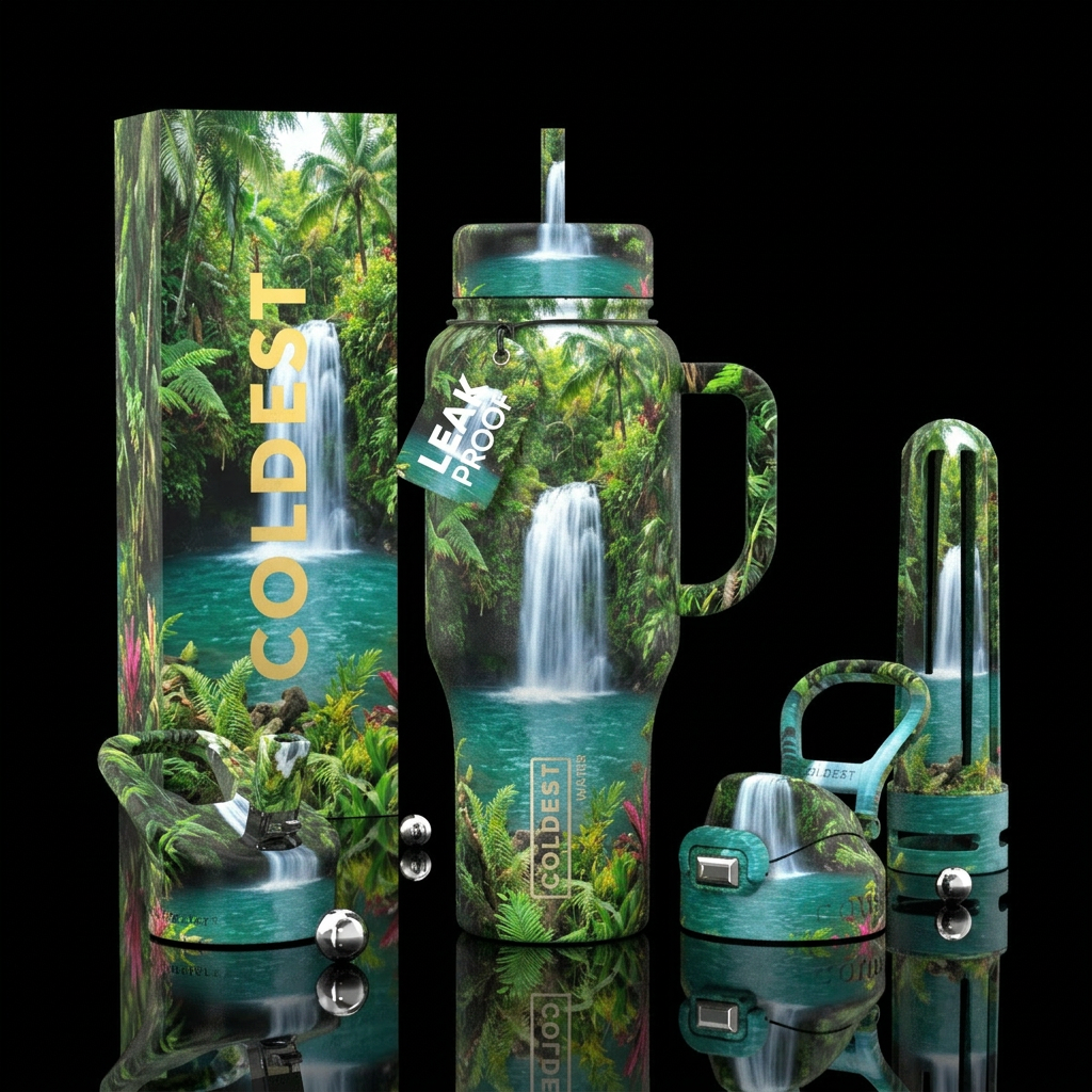 Beautiful waterfall going into pond. Tropical sett... water bottle design
