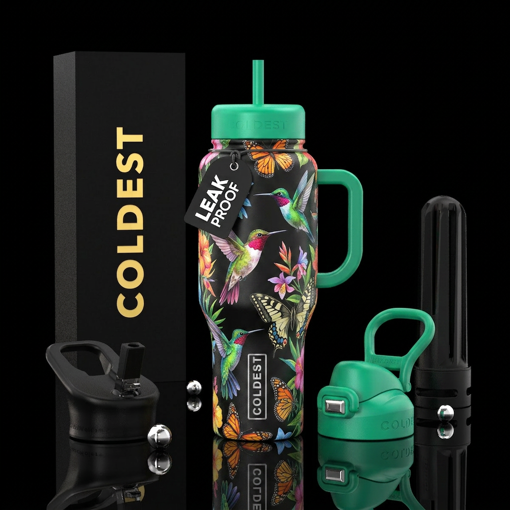 Hummingbird and butterflies water bottle design