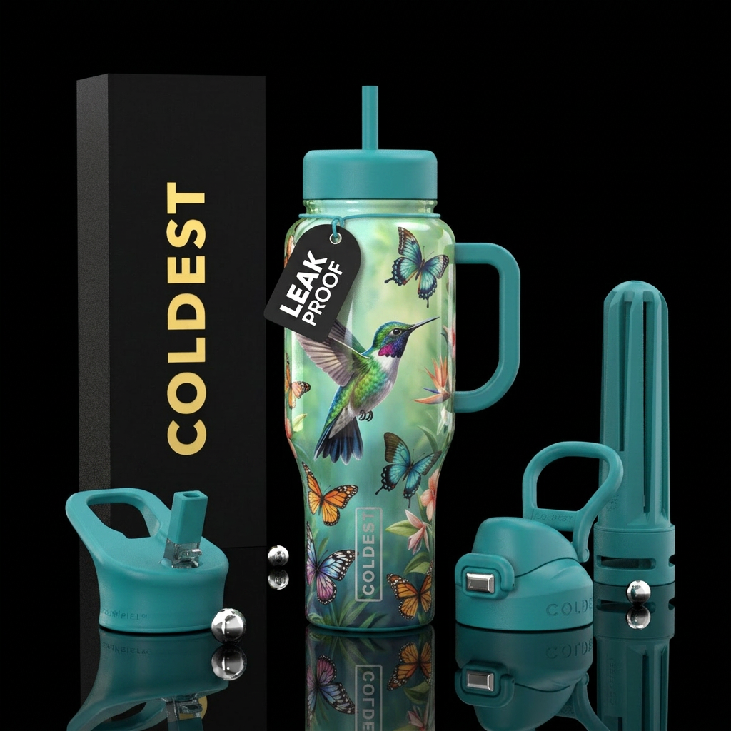 Hummingbird and butterflies water bottle design