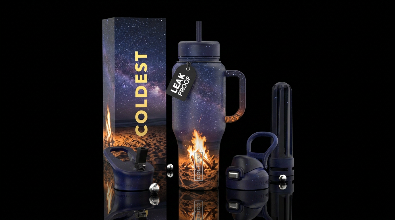 Star filled night sky over bonfire on the beach water bottle design