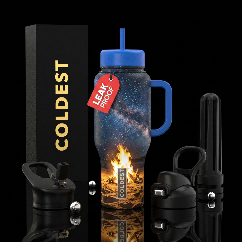 Star filled night sky over bonfire on the beach water bottle design