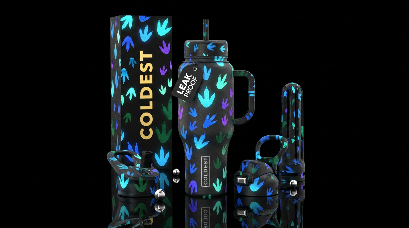Moonlight dino footprints water bottle design