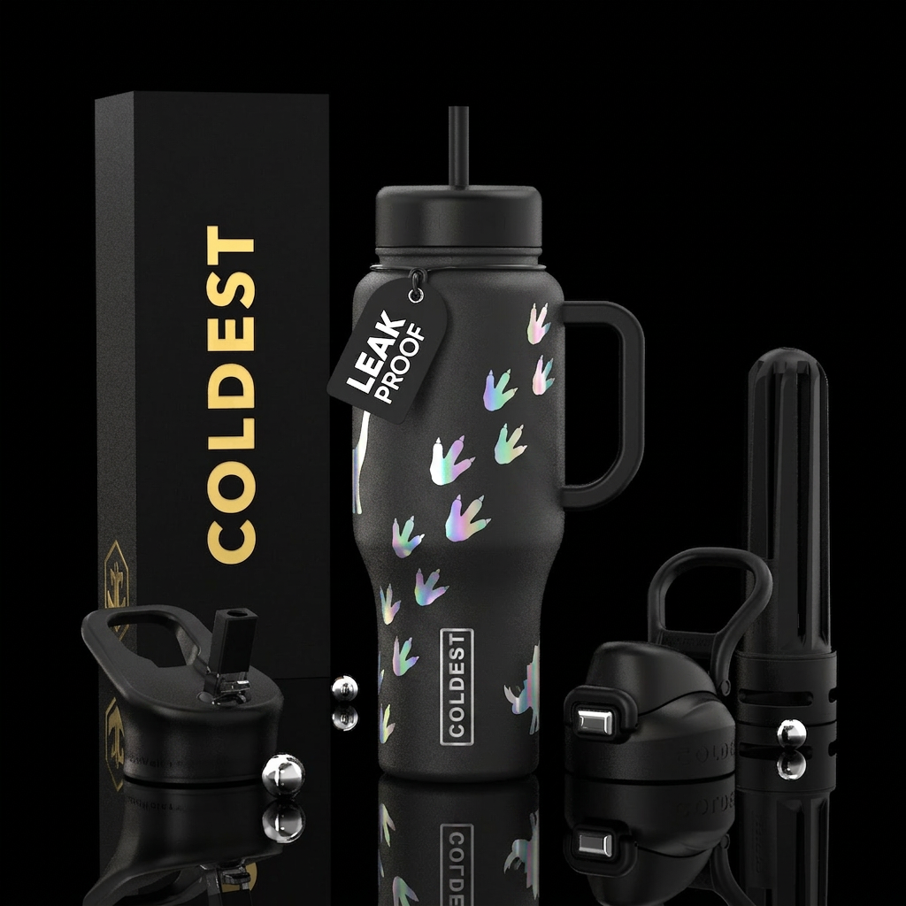 Matte black bottle with silver iridescent rainbow ... water bottle design