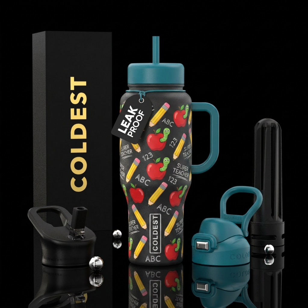 Teacher designs,  pencil, apple with worm water bottle design