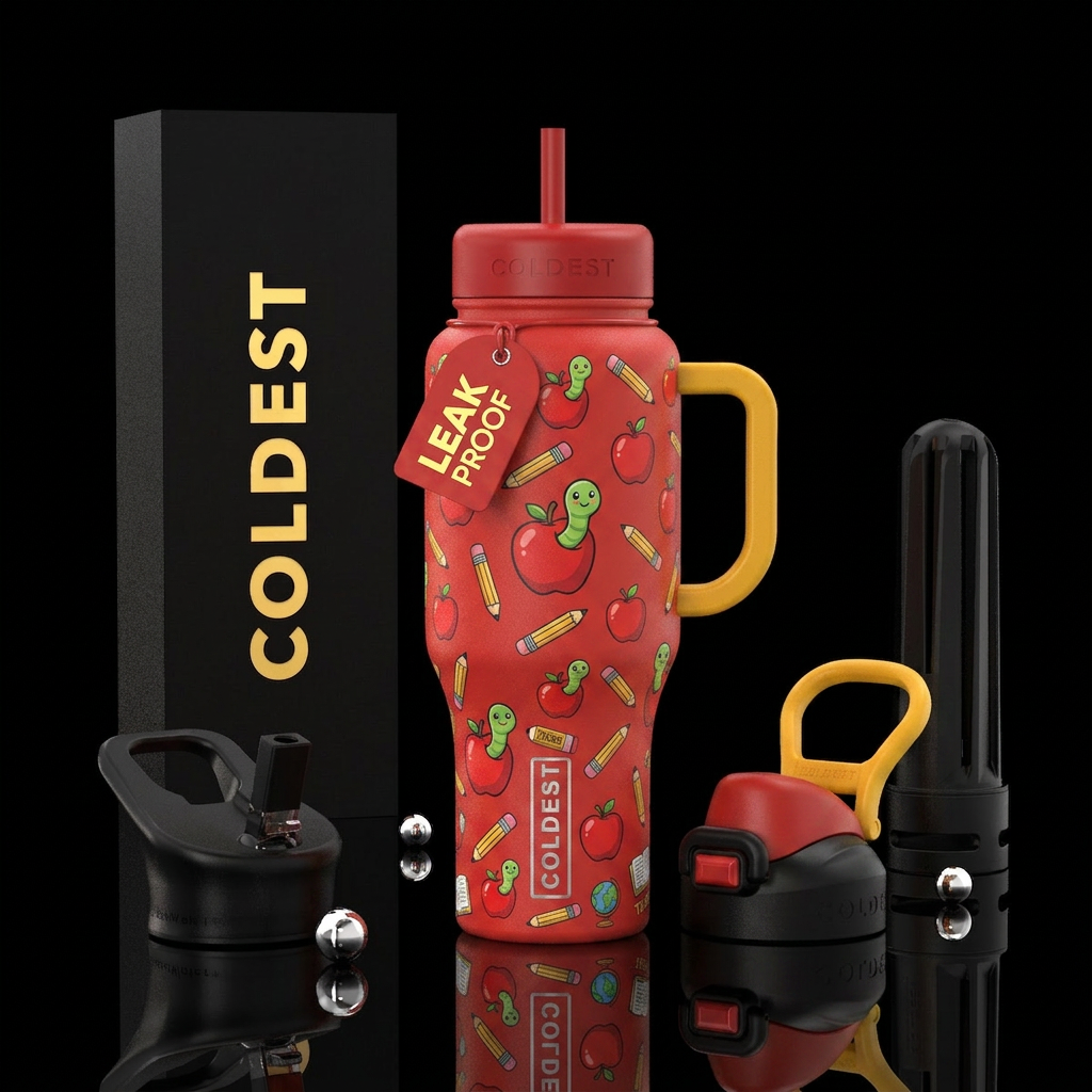 Teacher designs,  pencil, apple with worm water bottle design
