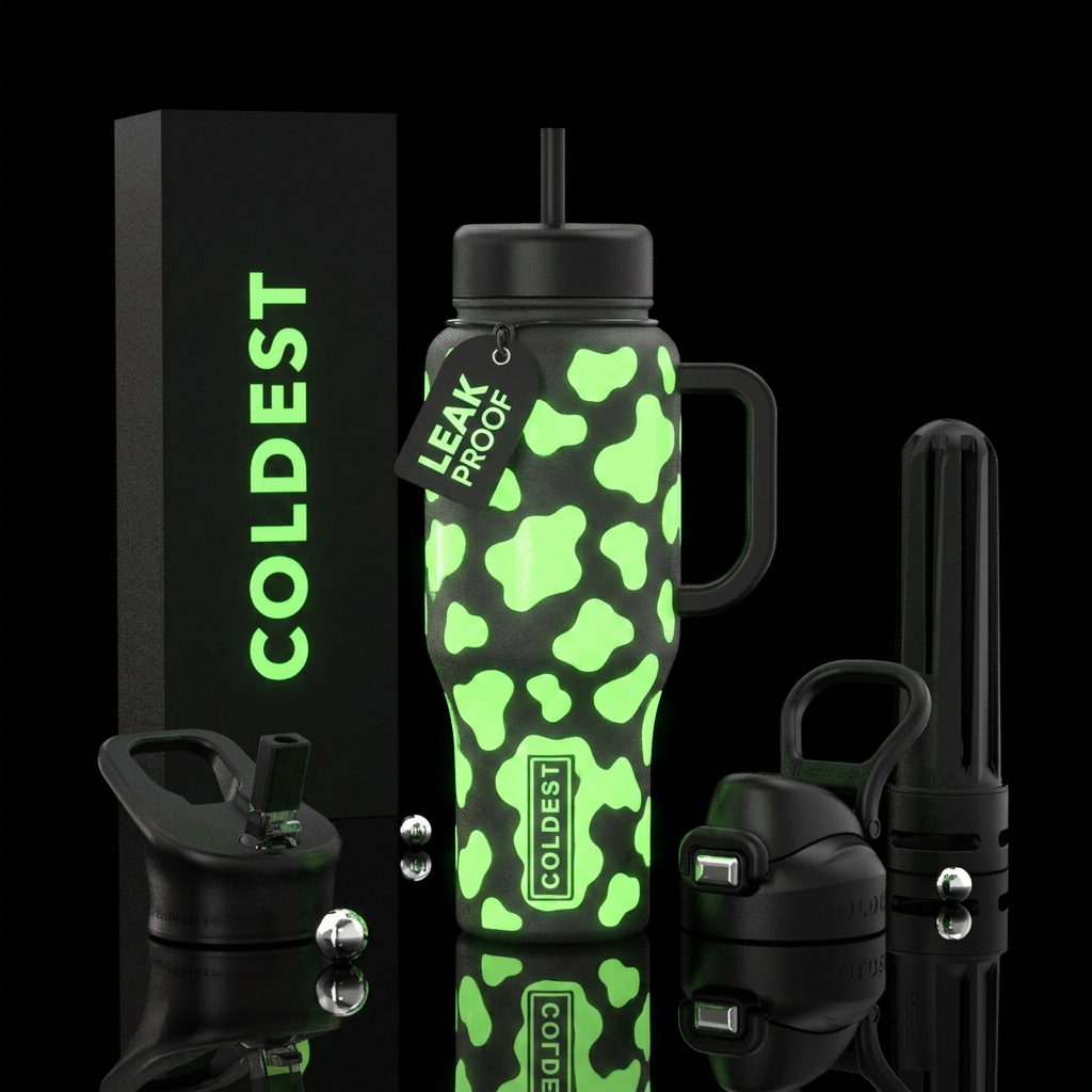 Glow in the dark cow print design water bottle design