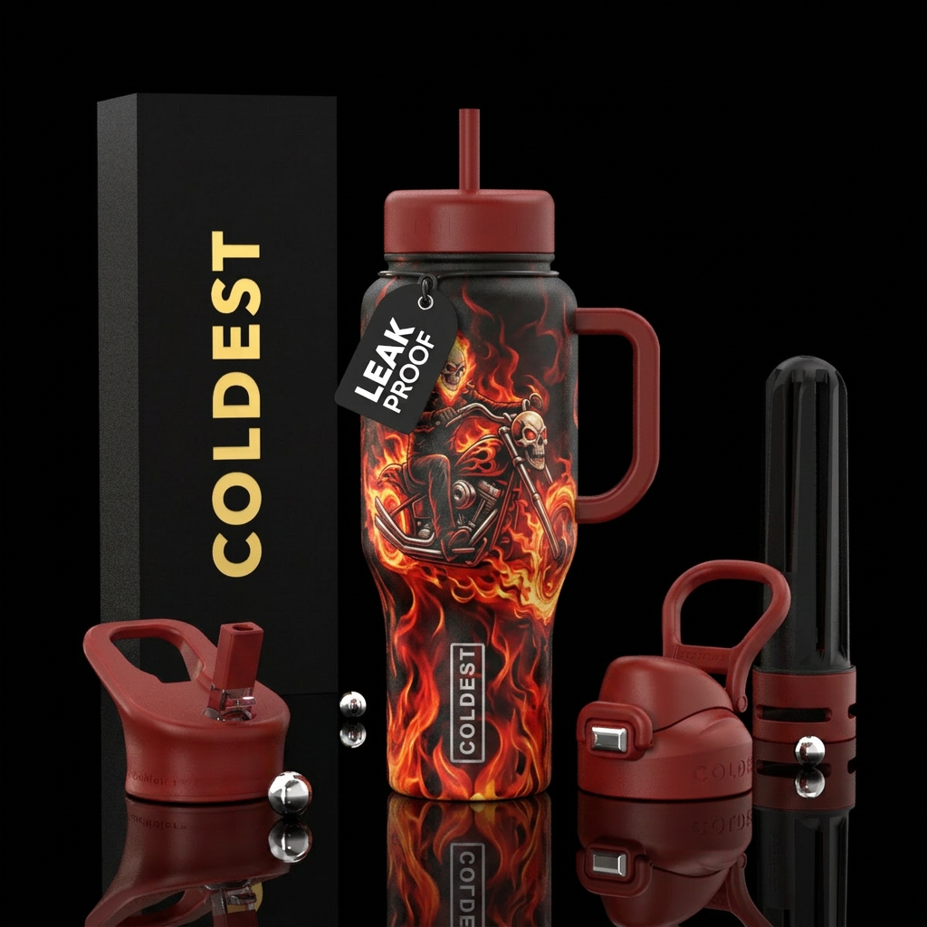 Ghost rider motorcycle red and orange flames water bottle design