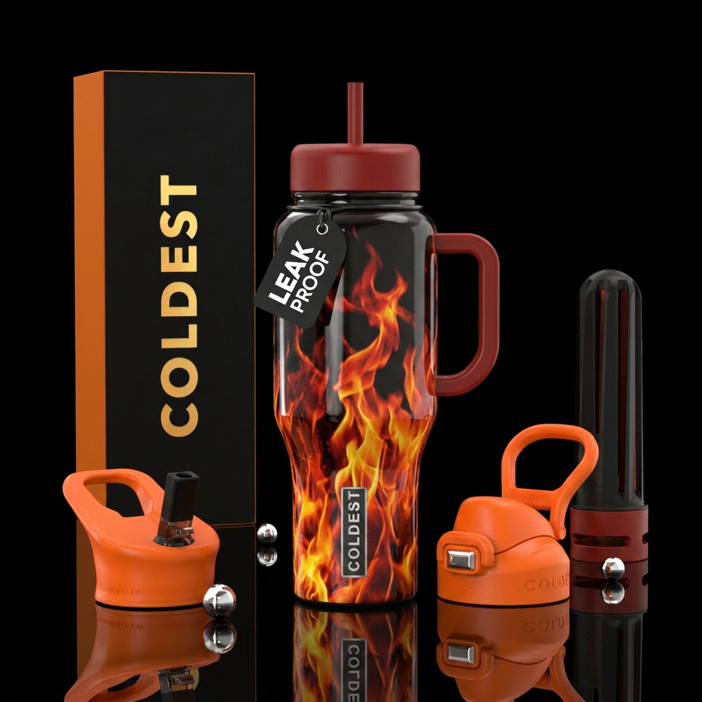 Ghost rider motorcycle red and orange flames water bottle design