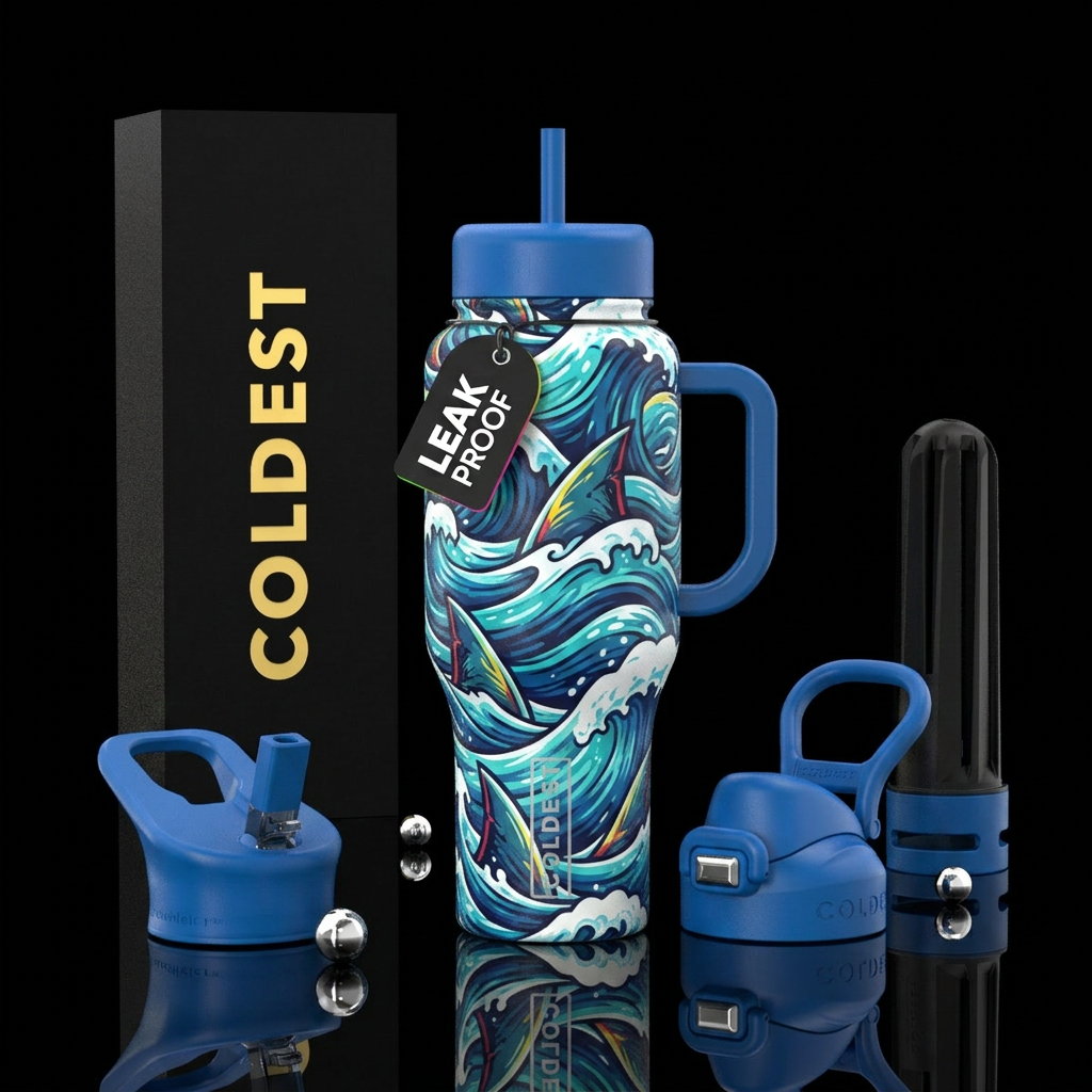 Shark fins and waves water bottle design