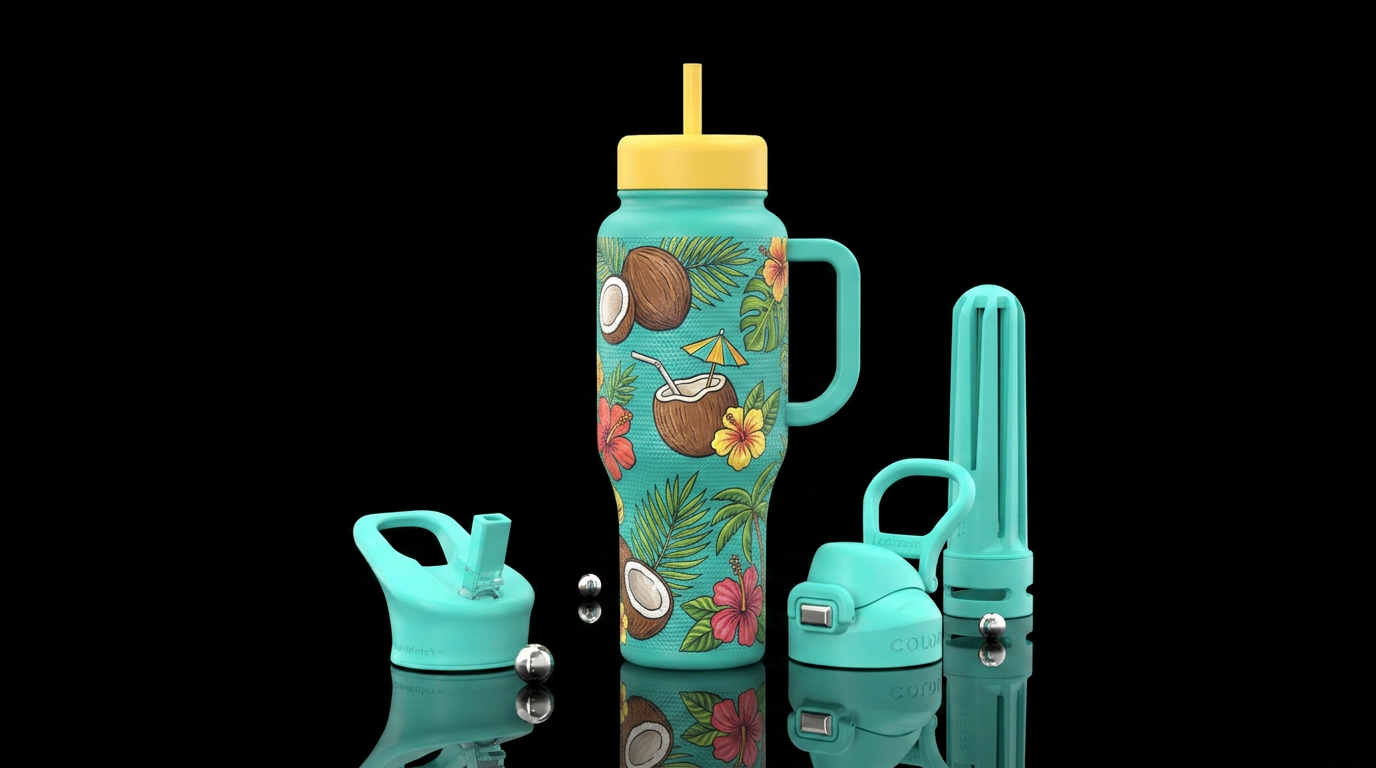 Tropical coconut drink in paradise water bottle design