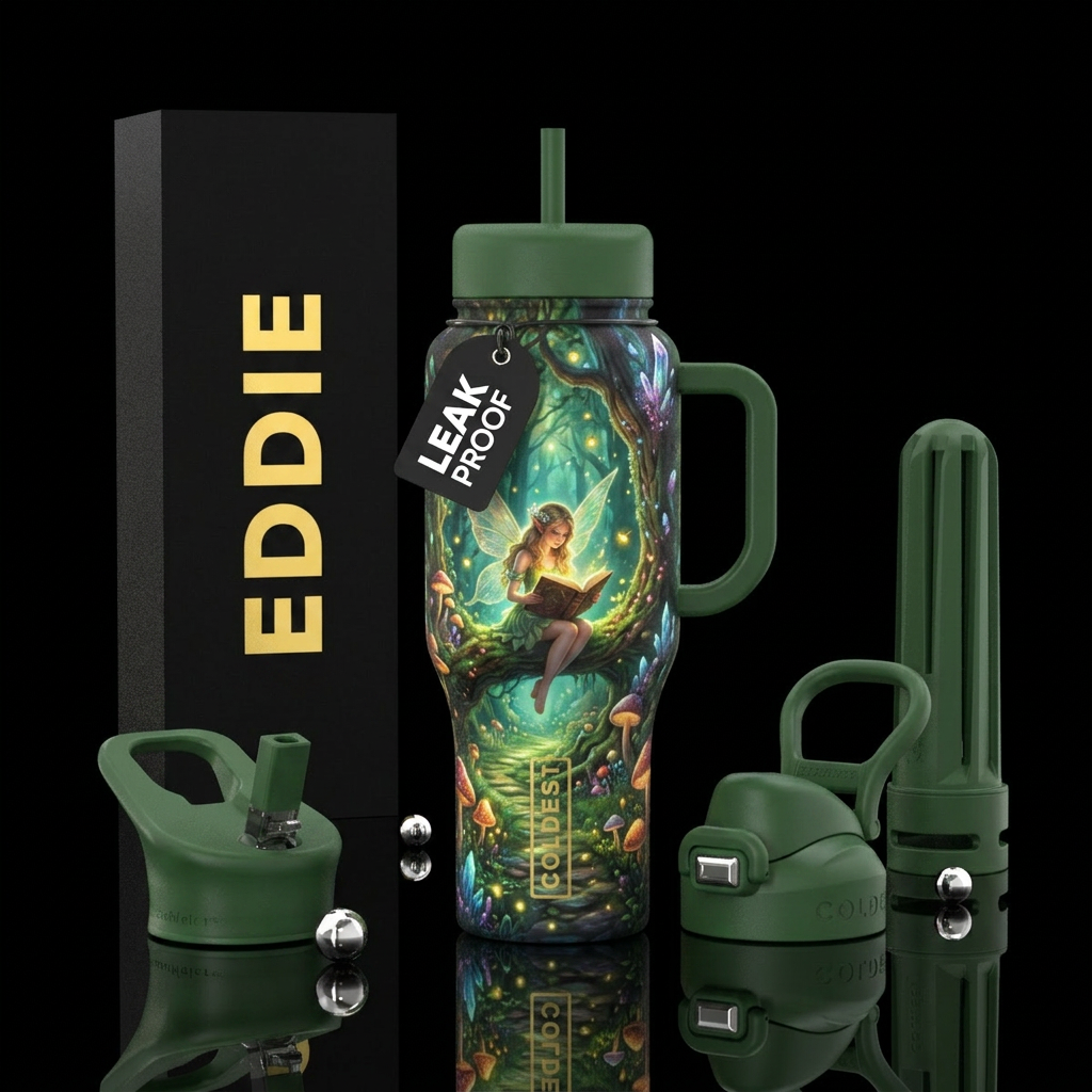 Fairy ready book in enchanted forest water bottle design