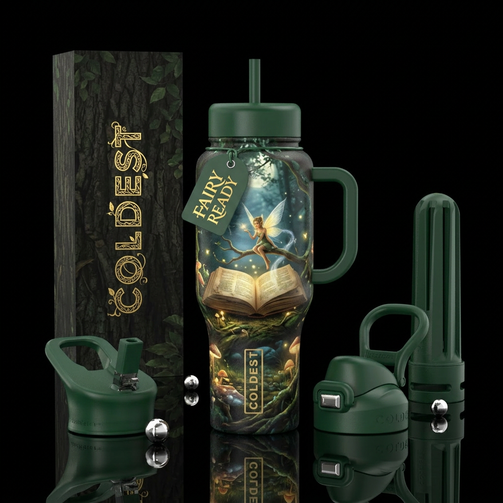 Fairy ready book in enchanted forest water bottle design