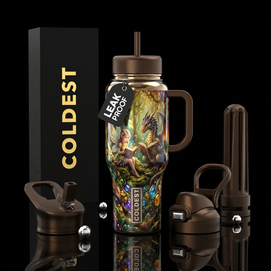 Fairy and dragon reading books in enchanted forest water bottle design