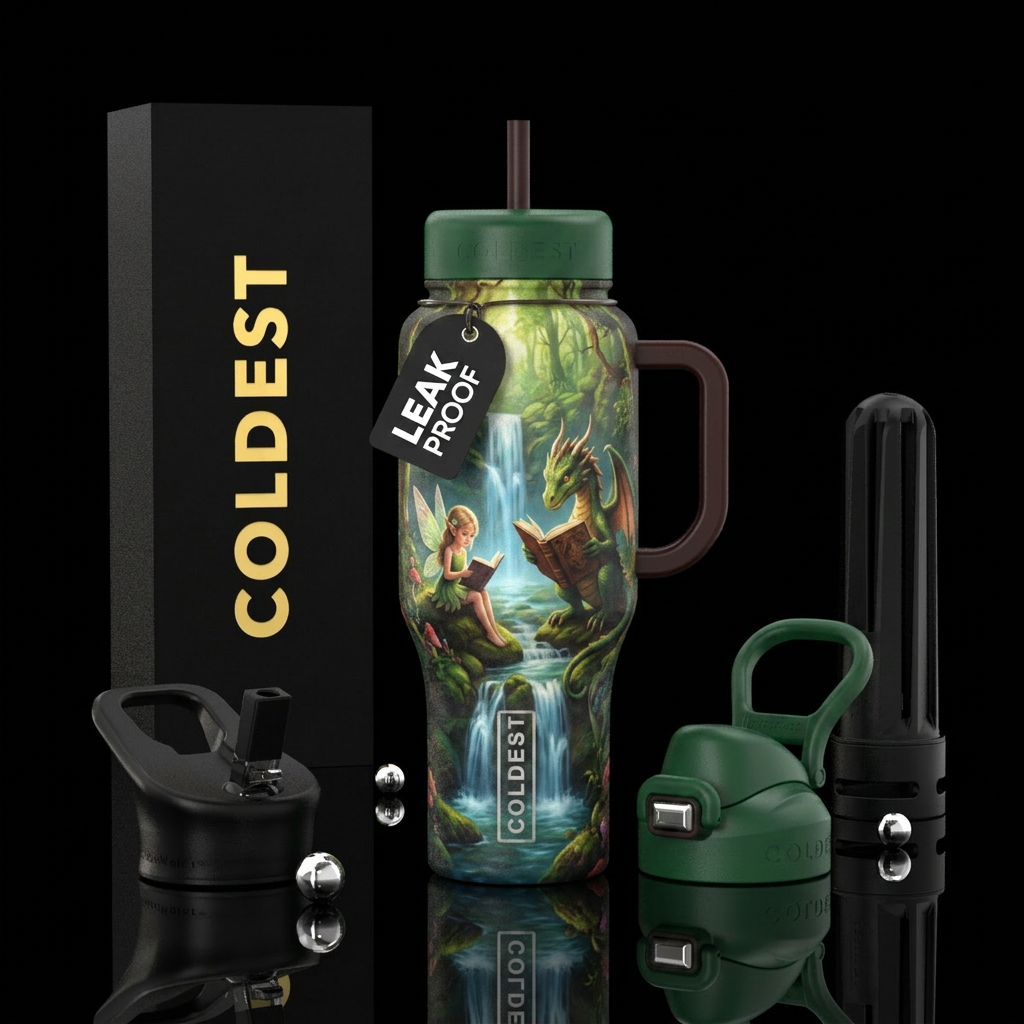 Fairy and dragon reading books in enchanted forest water bottle design