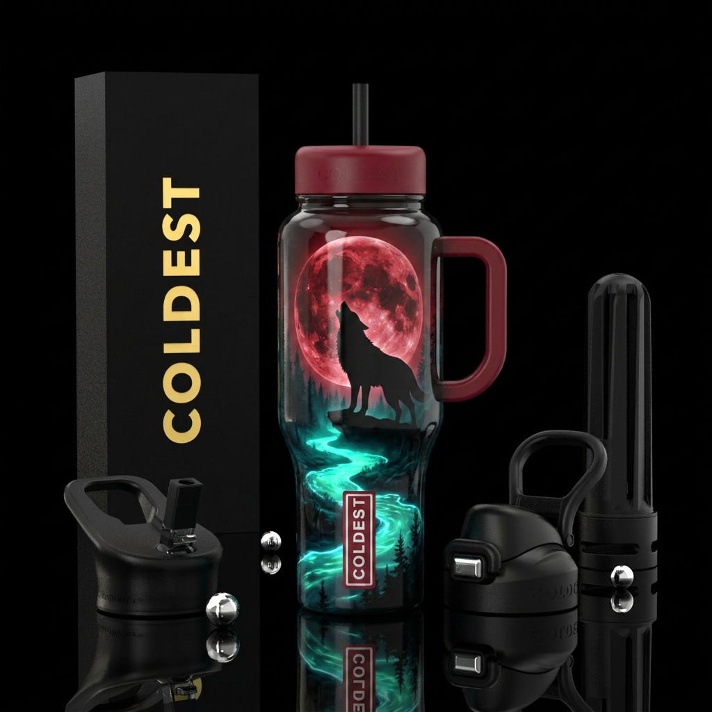 Howling wolf, red moon, glowing river water bottle design