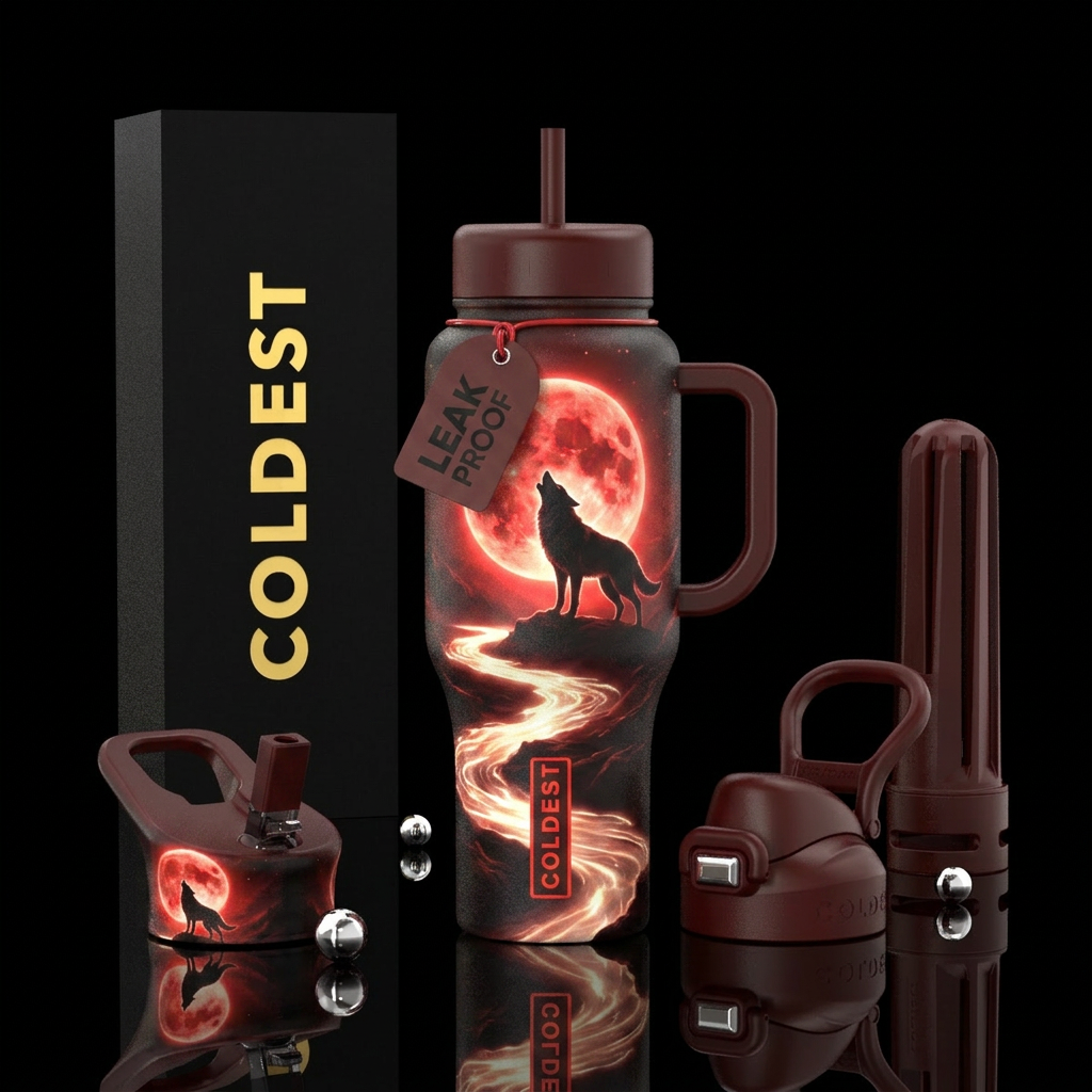Howling wolf, red moon, glowing river water bottle design